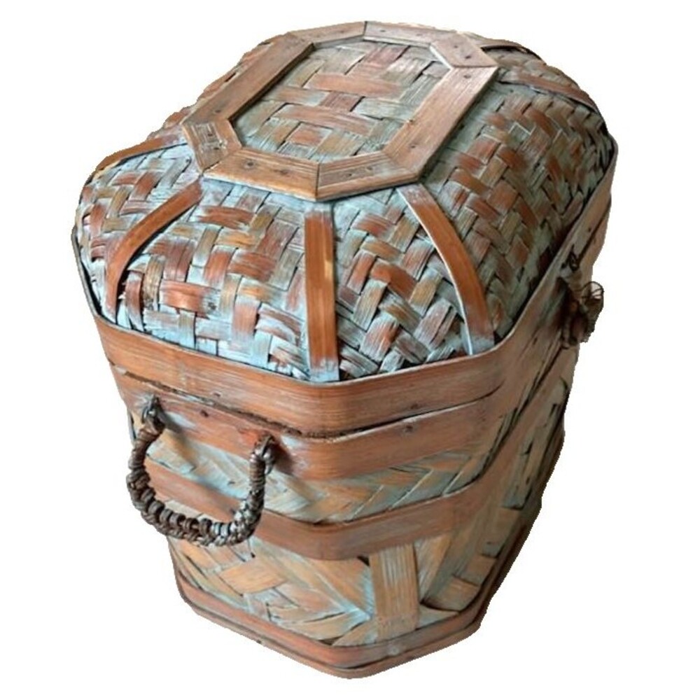 Chinese Woven Rattan Chest Basket Storage Lid Wedding Handle Decor Blue Washwash - Picture 2 of 12